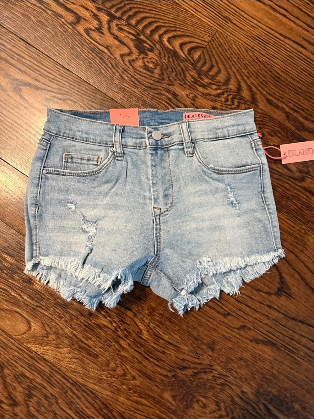 Blank NYC Light Blue Frayed Hem Denim Shorts -